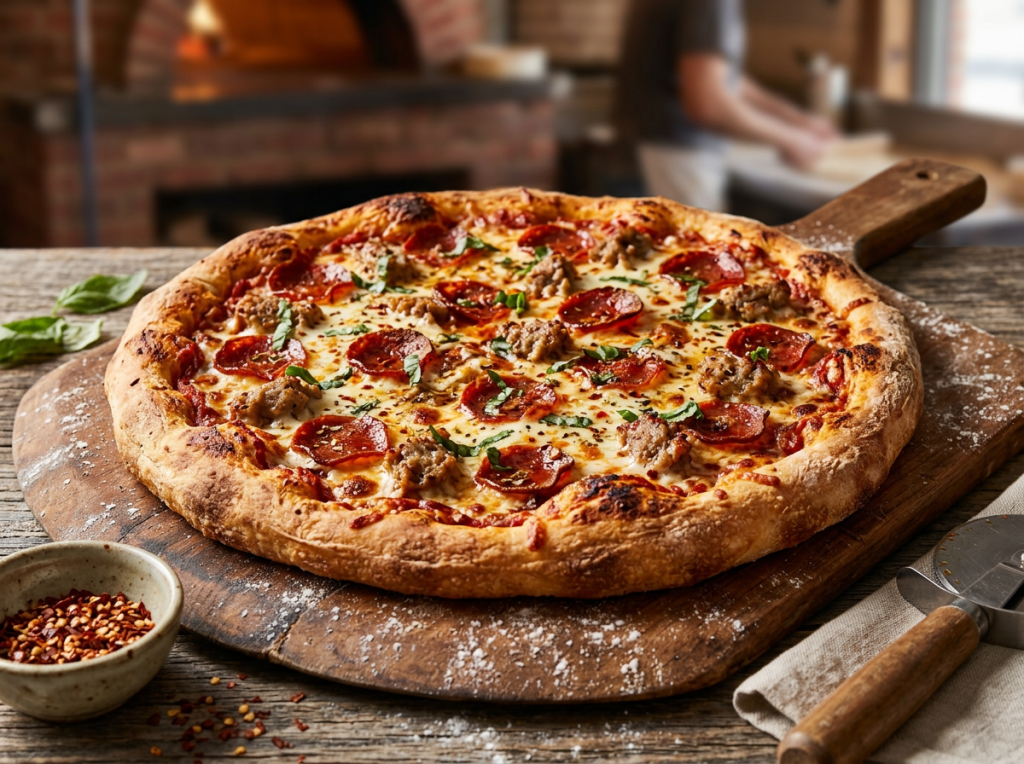 Wood-fired pepperoni and sausage pizza topped with melted cheese and basil